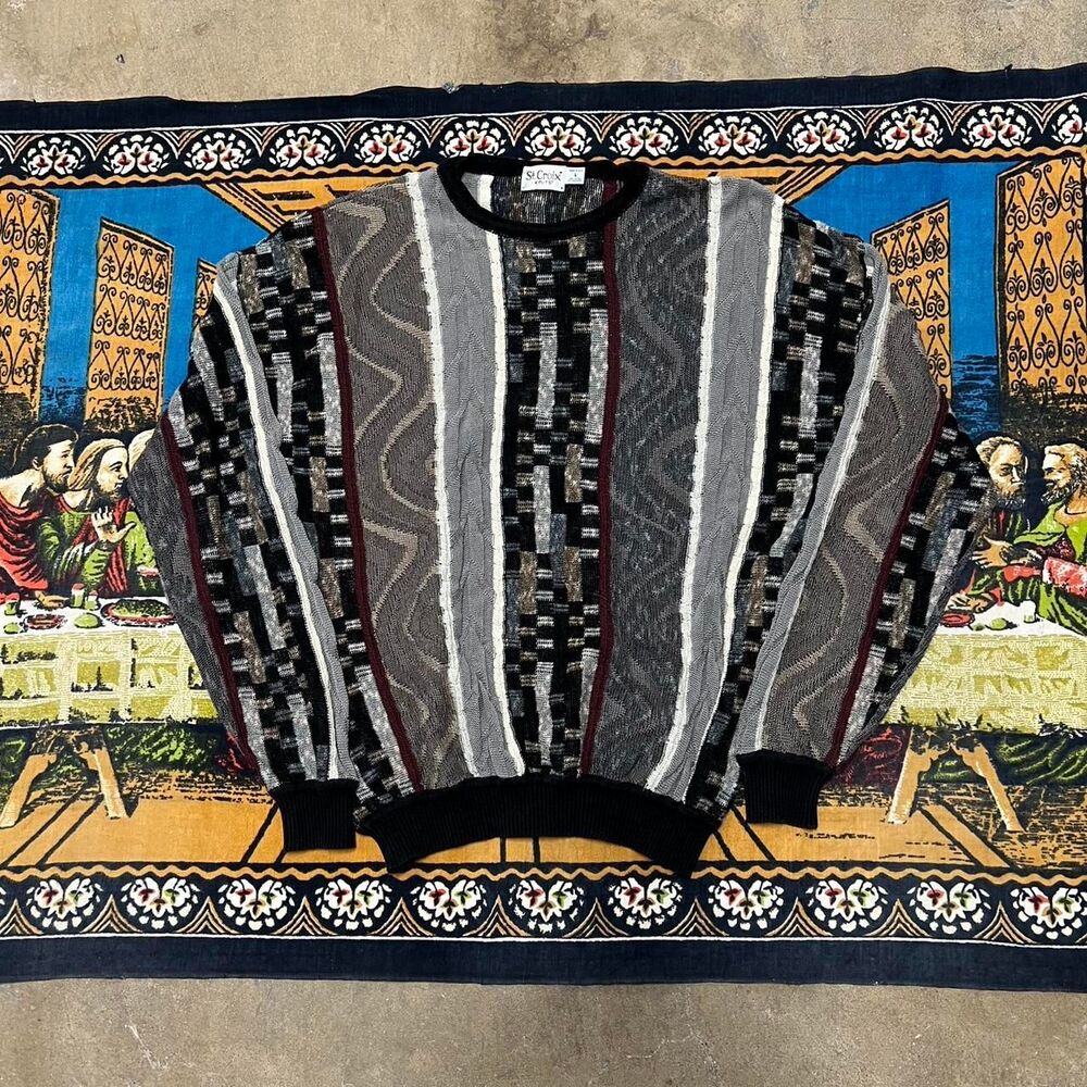 Coogi 3D Cable Knit size large Black multicolor baggy y2k skater st croix cotton